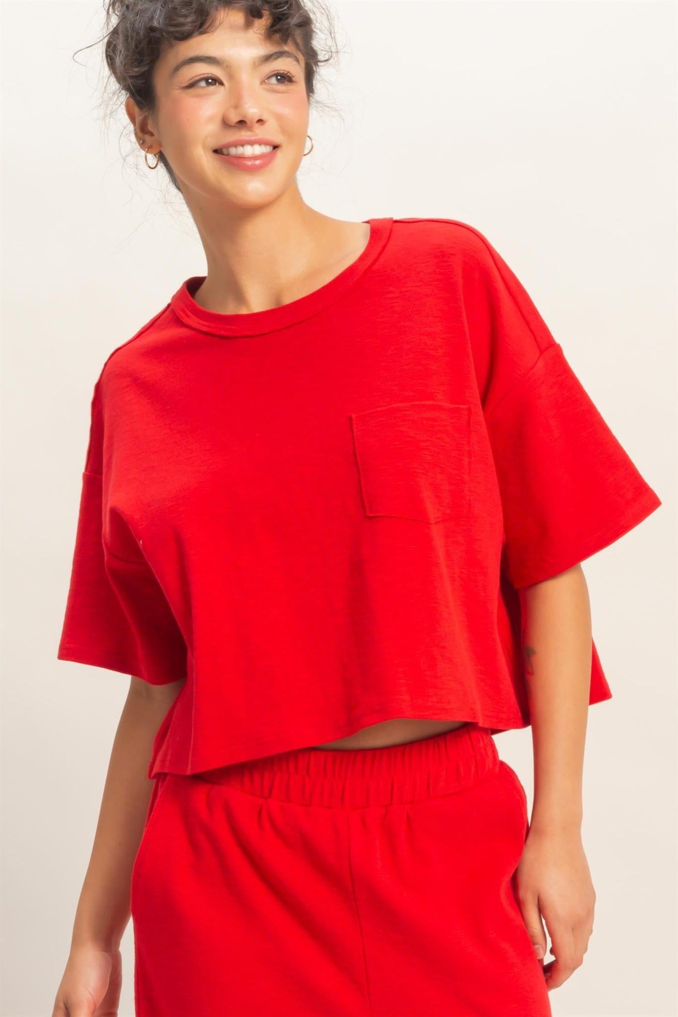 Boxy Crew Neck Top With Pocket