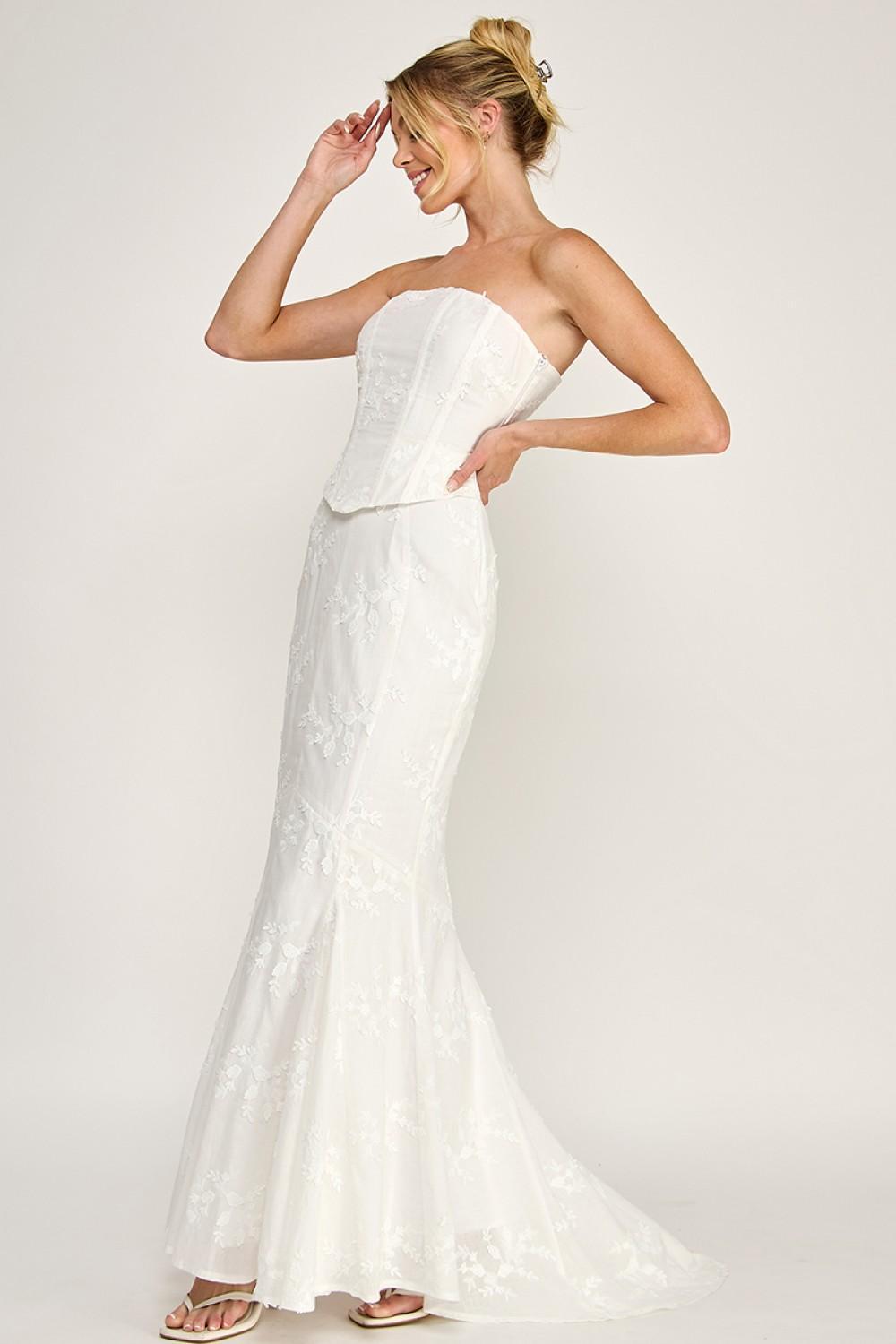 IVORY EYELET STRAPLESS CORSET LACE- UP MAXI DRESS