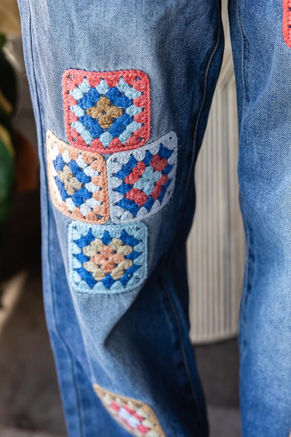 Square Crochet Patchwork Denim Jeans