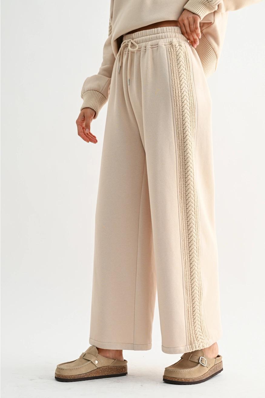 beige Cable Knit Trim Oversized Lounge Set