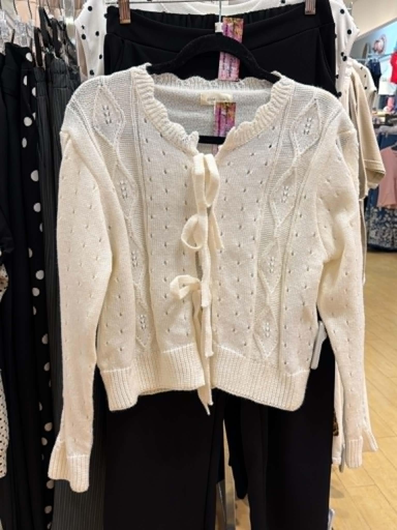 Off-White Open Work Tie Front Knit Cardigan