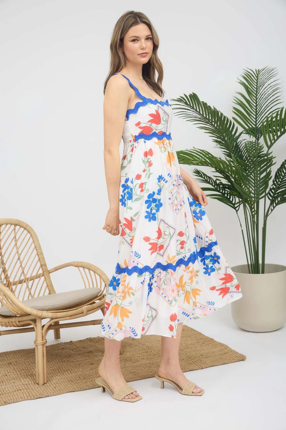 FLORAL PATTERN WAVY DETAIL MIDI DRESS