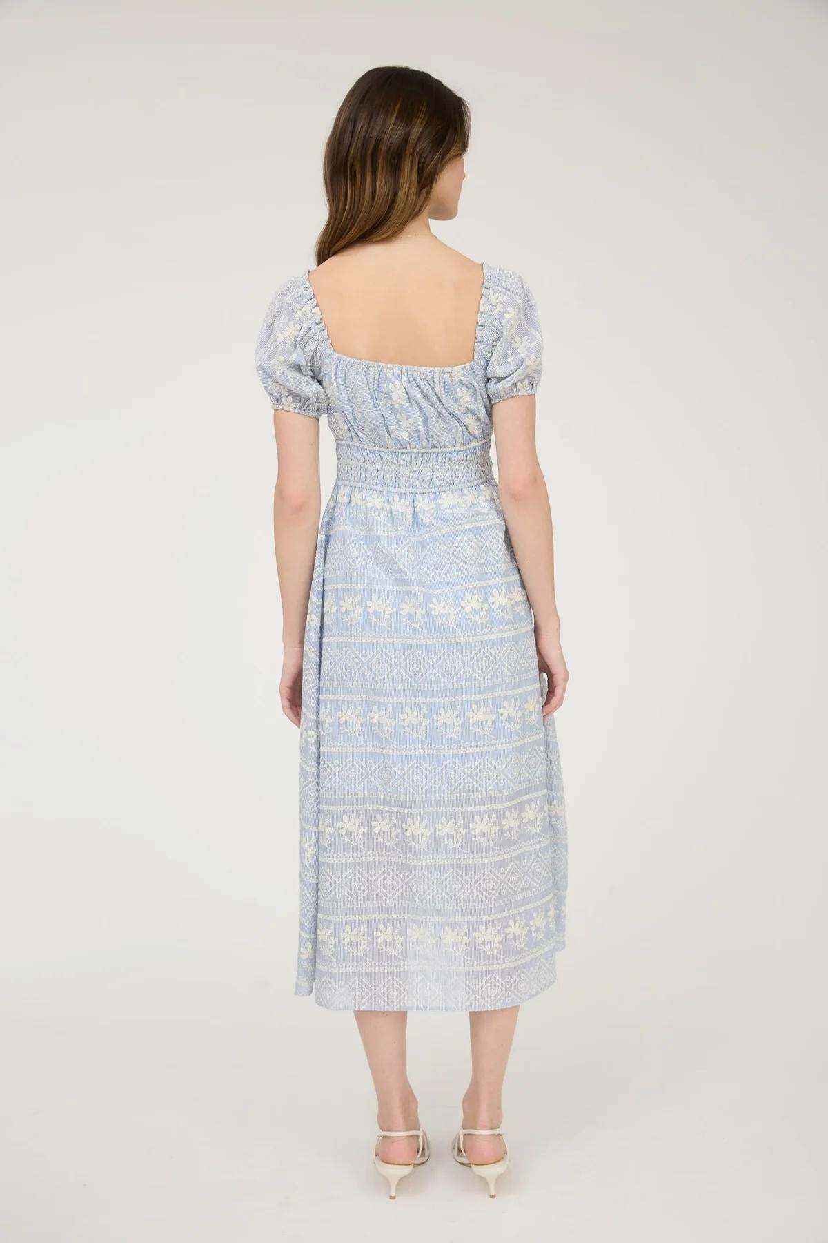 STRIPE FLORAL EMBROIDERY BLUE MAXI DRESS