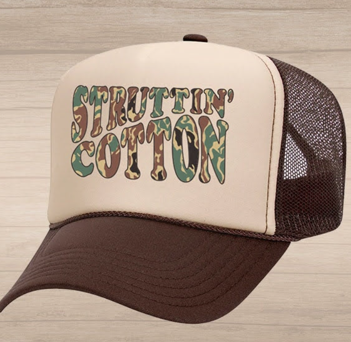 Camo Struttin' Text Trucker Hat - Brown/Tan Foam/Brown Rope