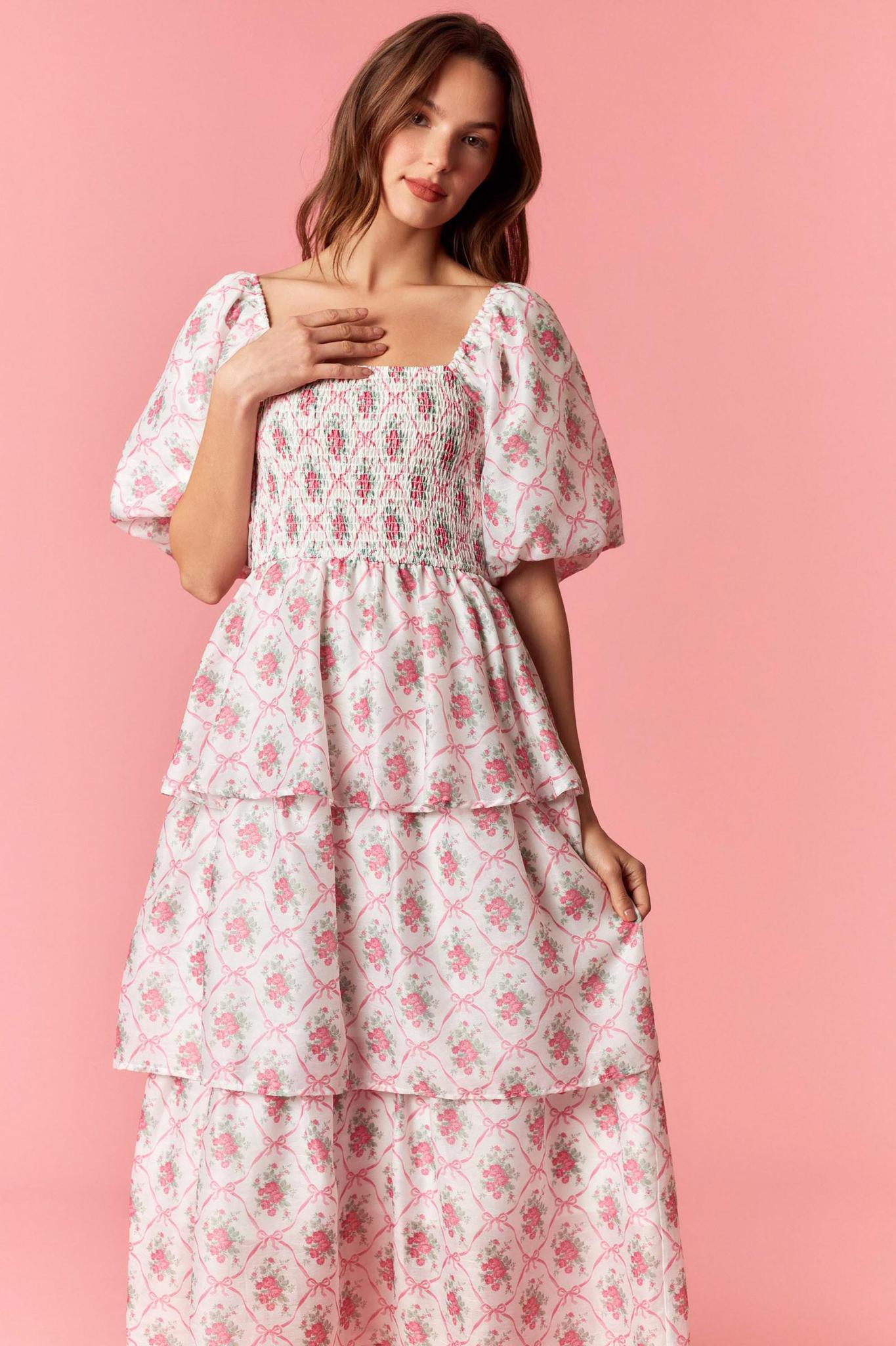 Floral Print Bubble Sleeve Tiered Midi Dress