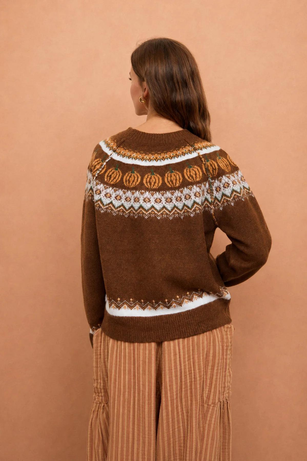 BROWN PUMPKIN FAIR ISLE LONG SLEEVE KNIT SWEATER