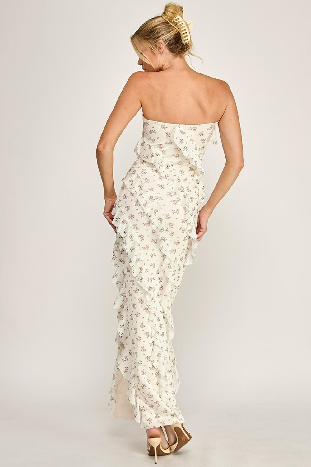 IVORY PRINT MESH RUFFLE TUBE MAXI DRESS