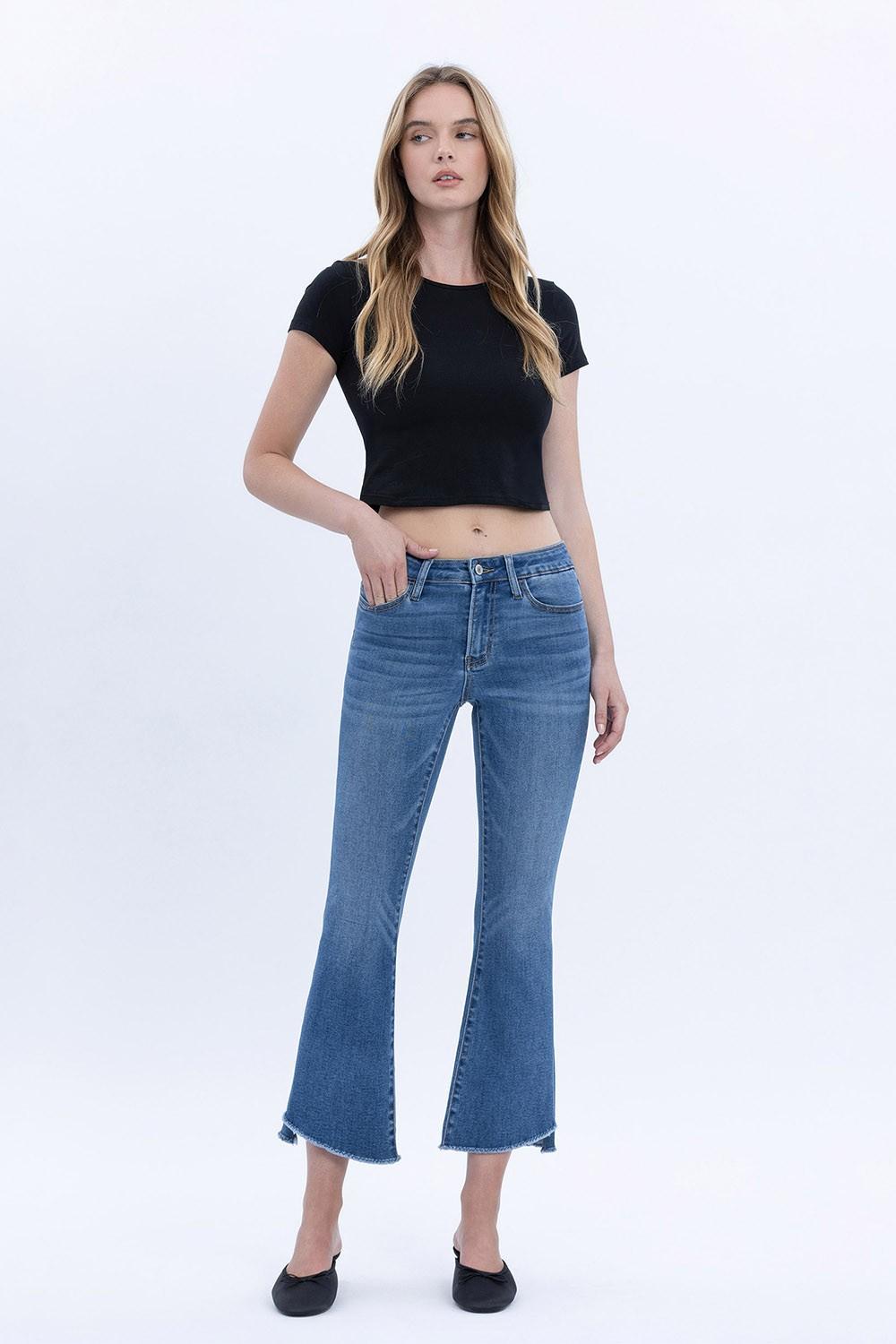 Mid Rise Raw Step Hem Crop Flare Jeans
