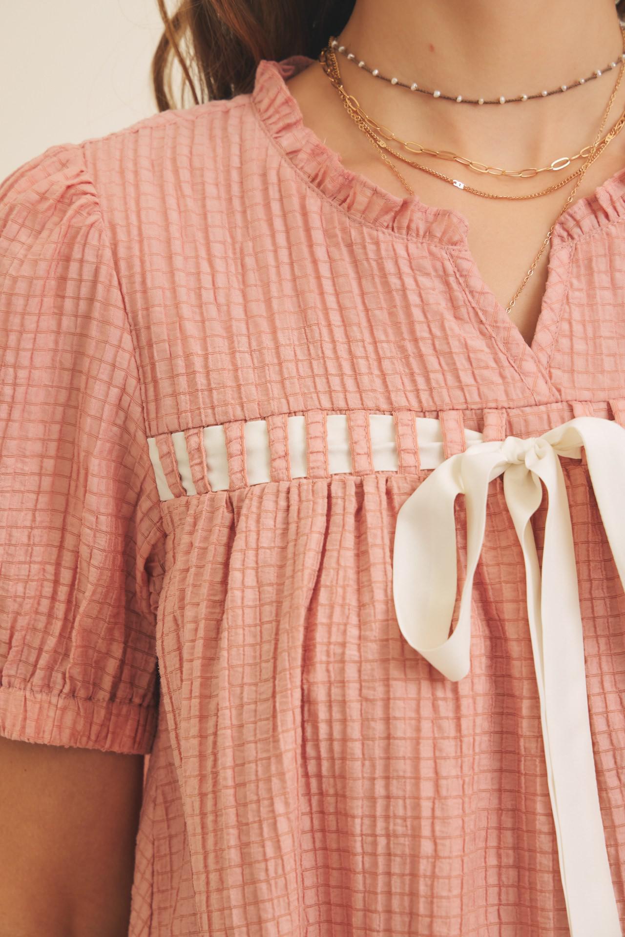 Textured Babydoll Mini Dress With Front Bow