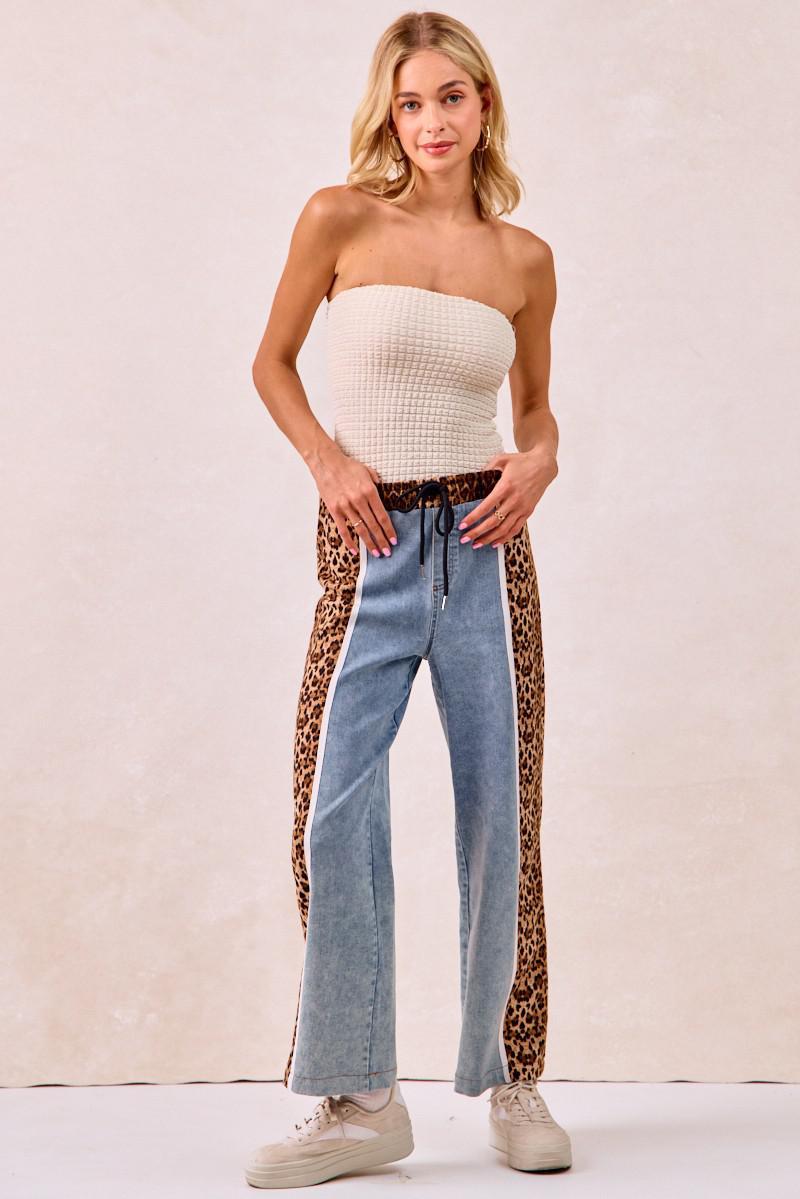 Washed Denim Leopard Mix & Match Pants
