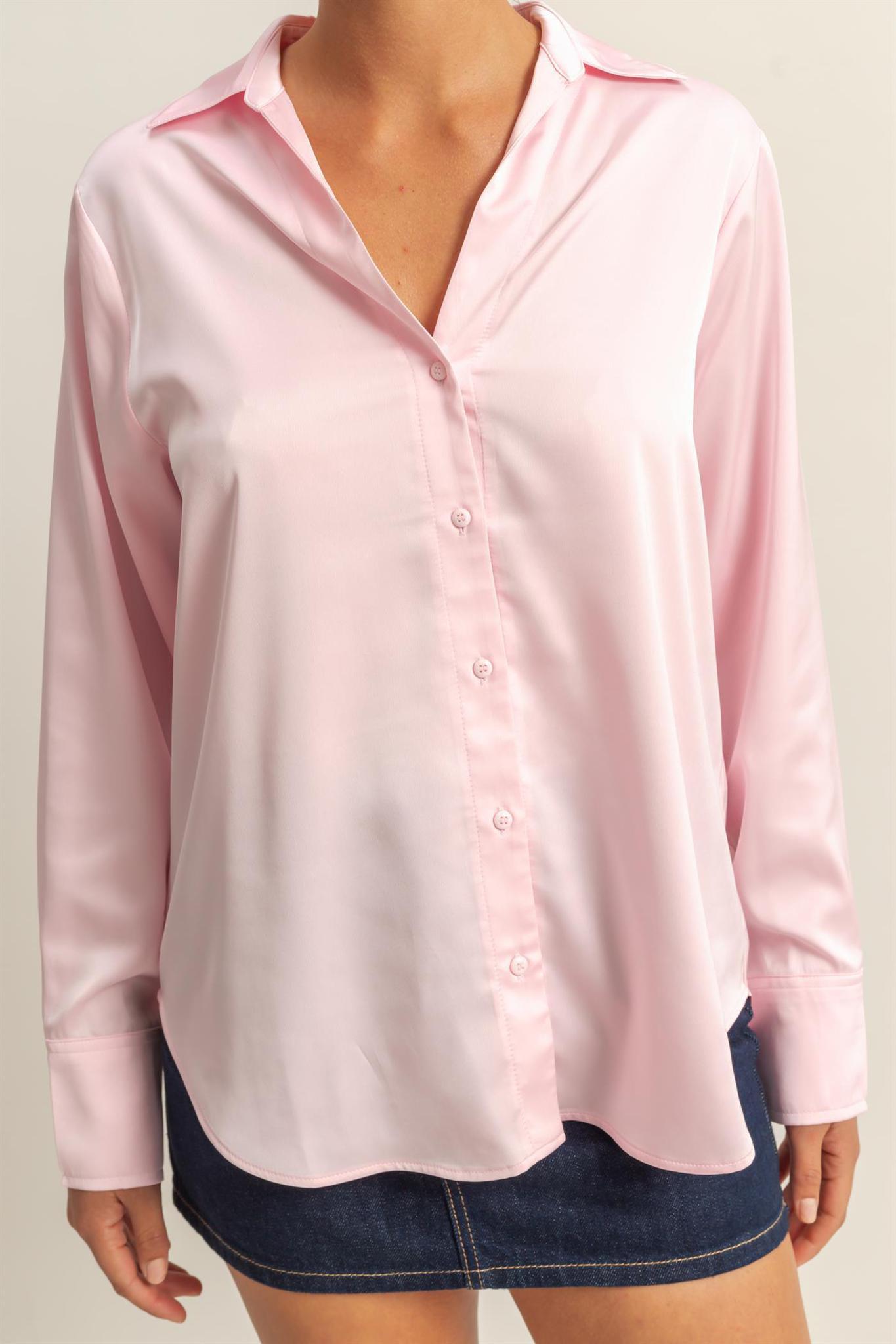 Button-Up Collared Satin Blouse