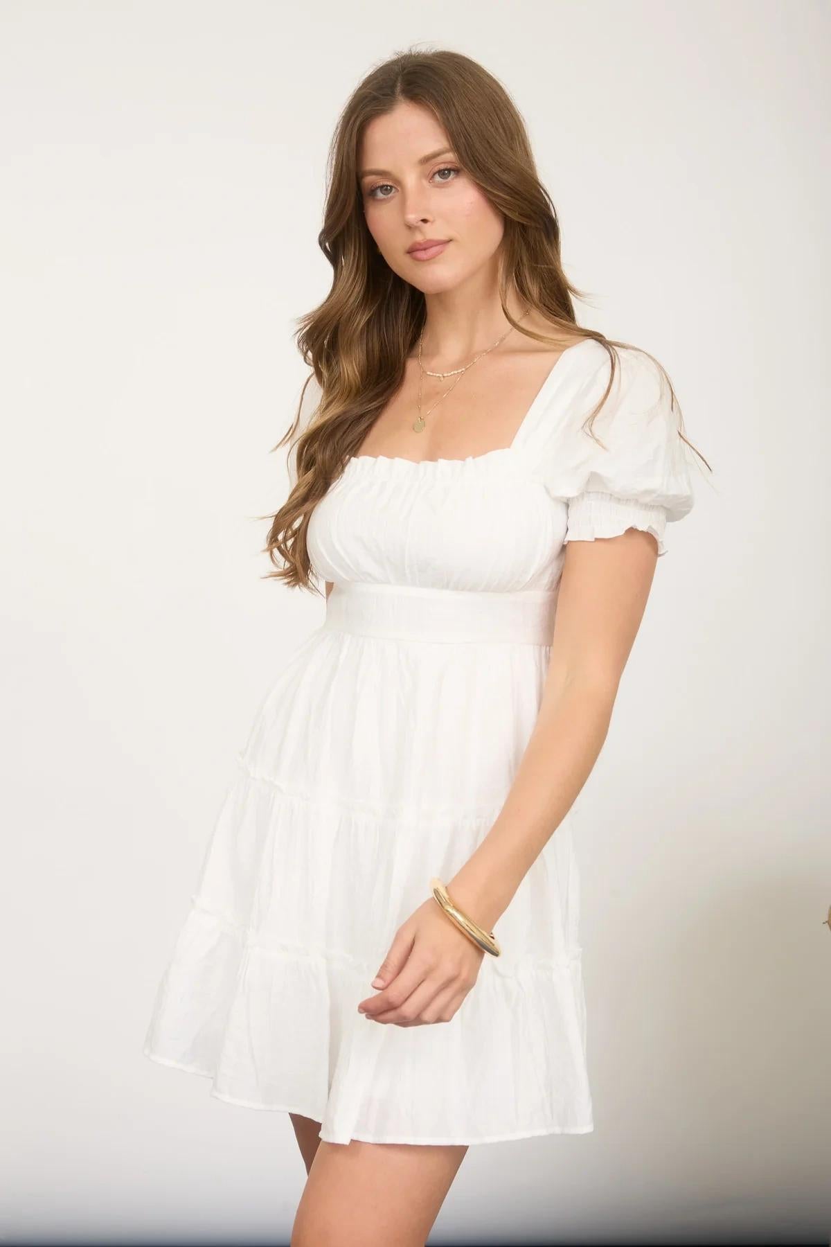 SQUARE NECK RUFFLE DETAIL TIERED MINI DRESS