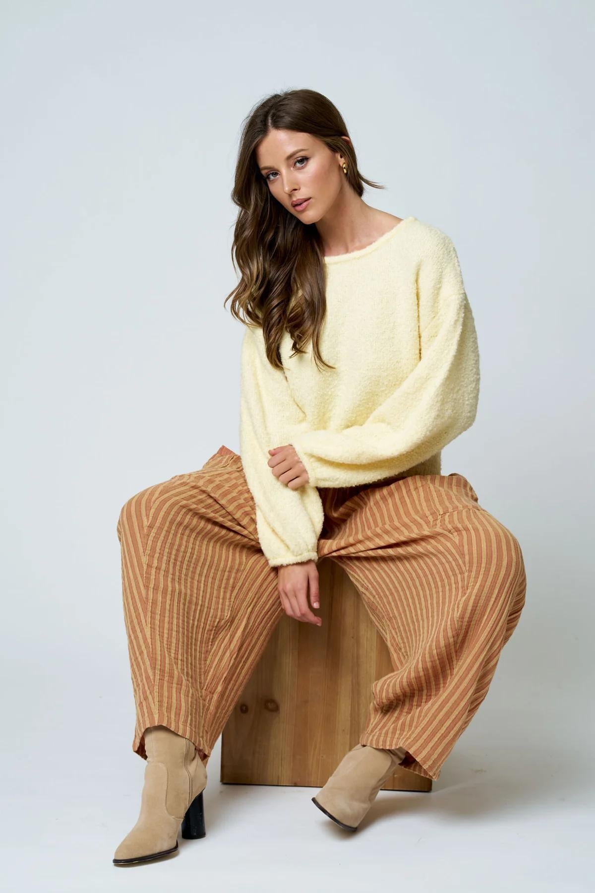 YELLOW LONG SLEEVE FUZZY KNIT PULLOVER SWEATER