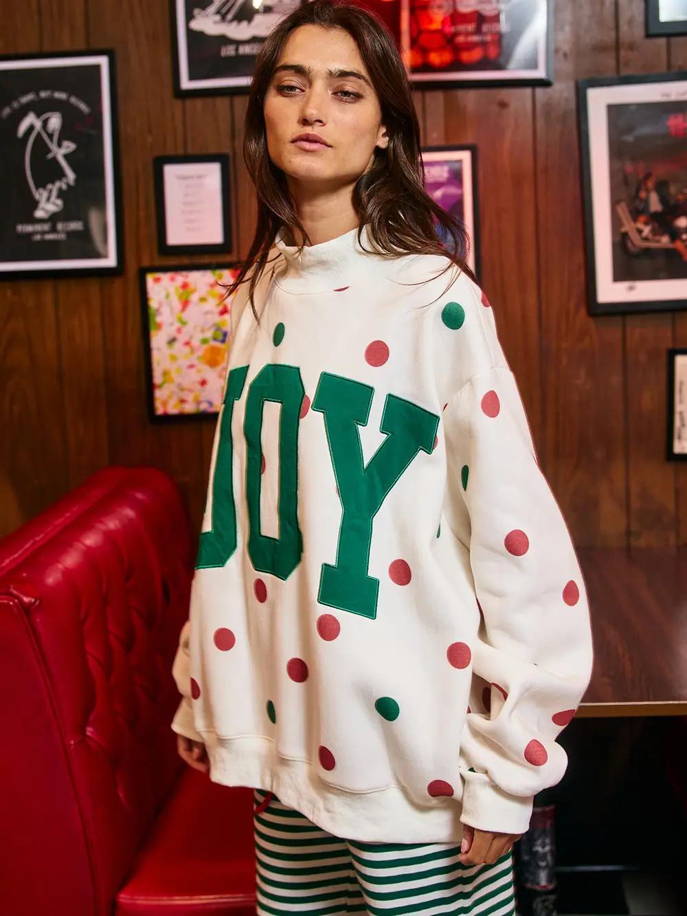 'Joy' Applique Patch Polka-Dot Mockneck Sweatshirt
