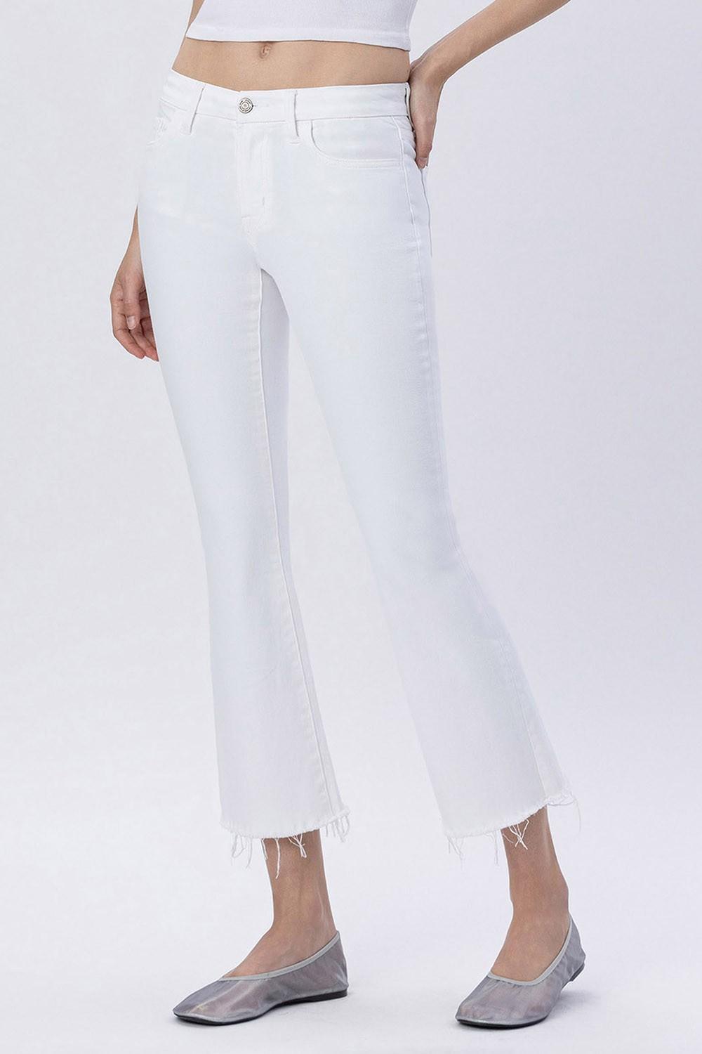 White Mid Rise Seamless Waistband Crop Flare Jeans