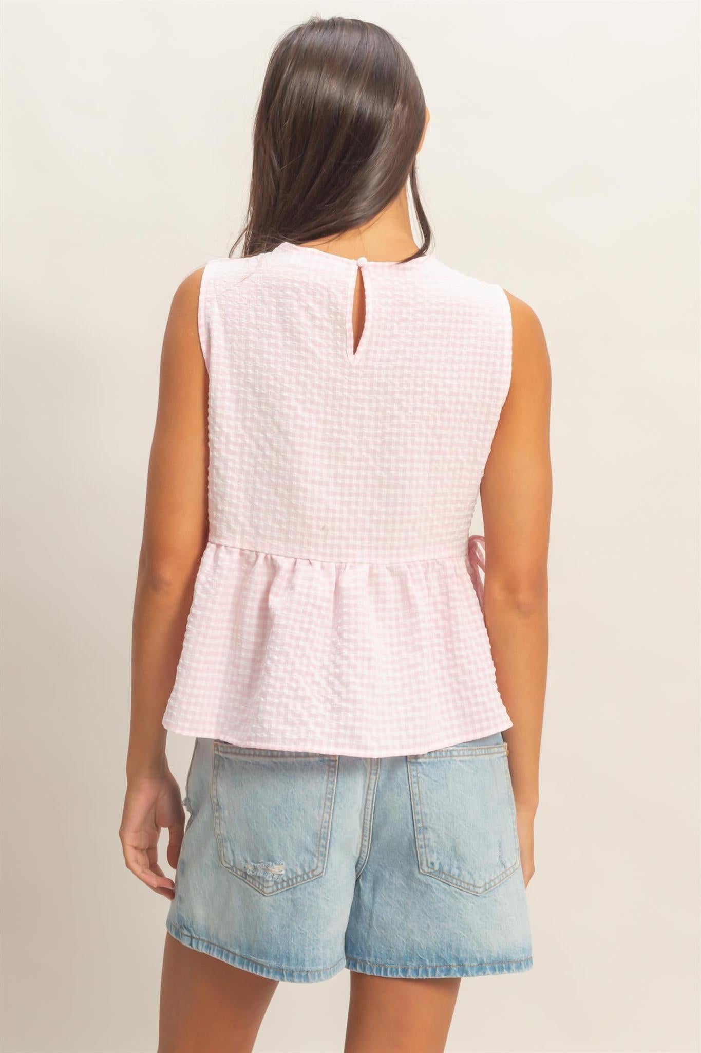 Pink Gingham Sleeveless Peplum Top with Side Ties