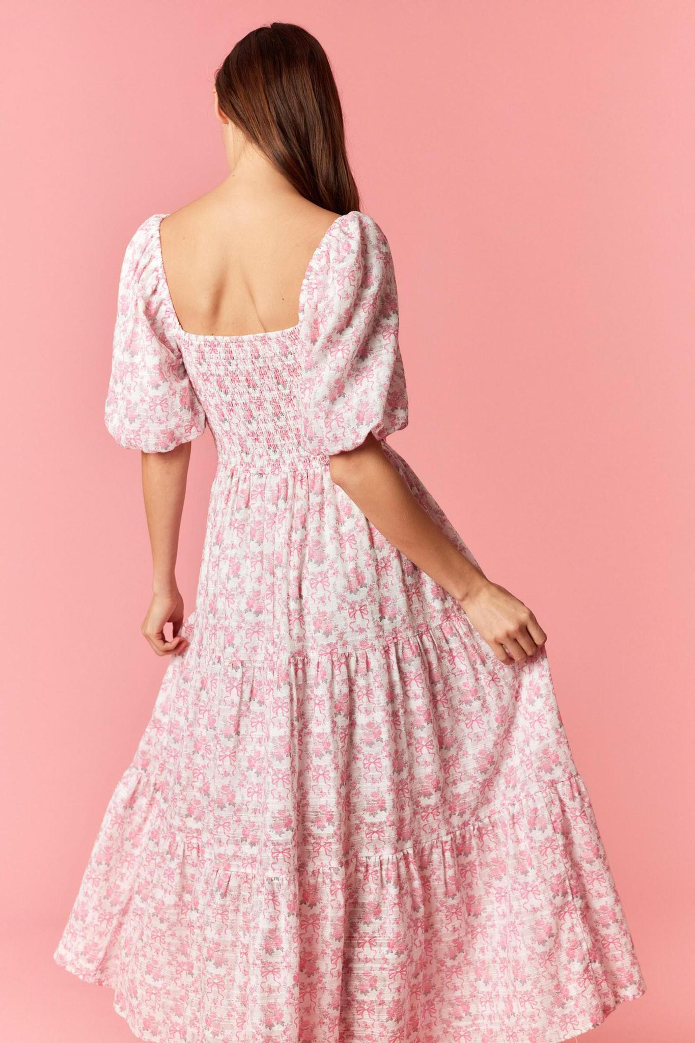 Smocked Lace Trim Printed Cotton Maxi Dress