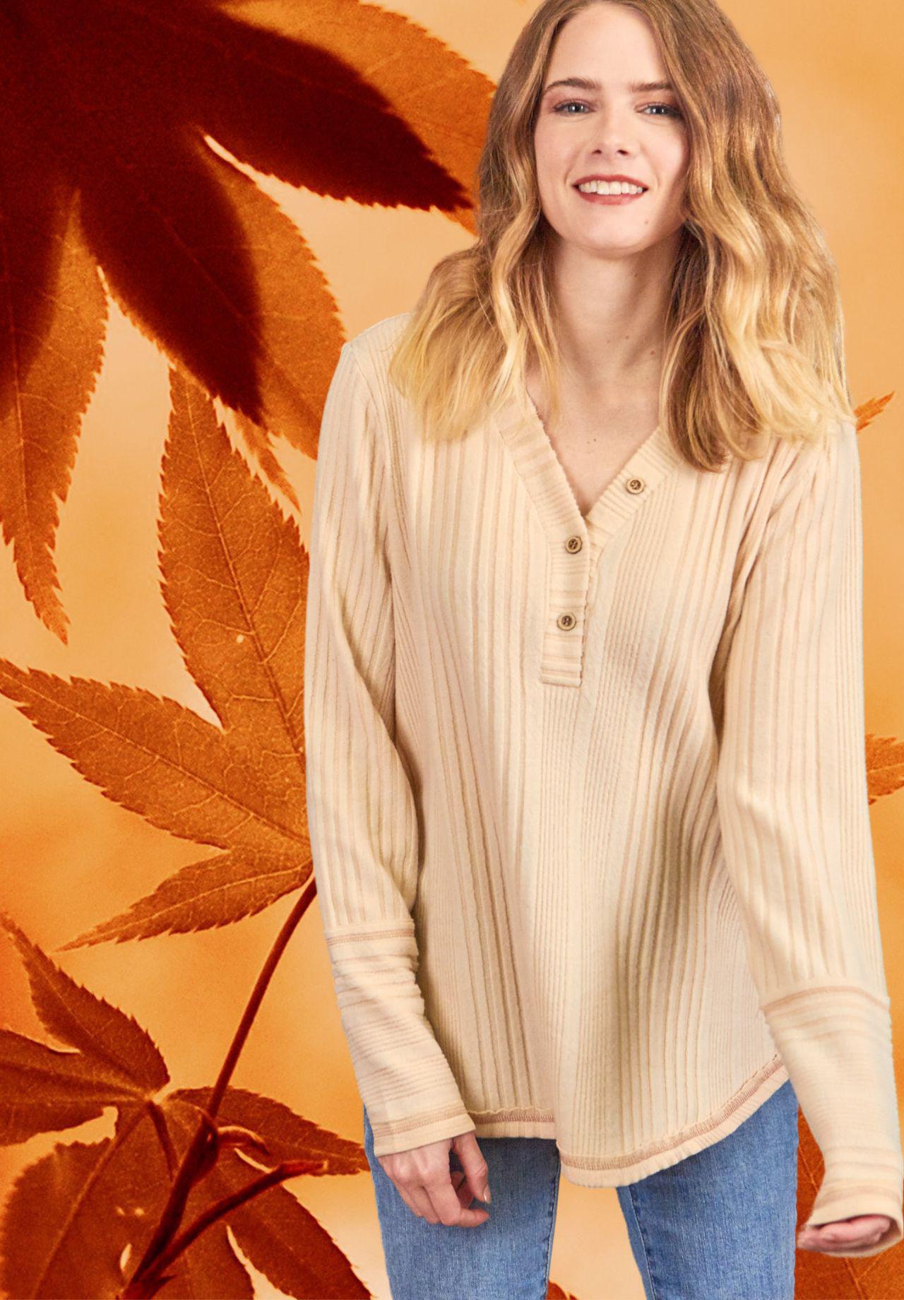 Cream Brushed Rib Button Top