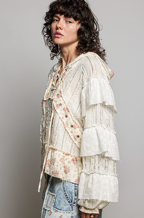 Eyelet Ruffle Natural Hoodie Top