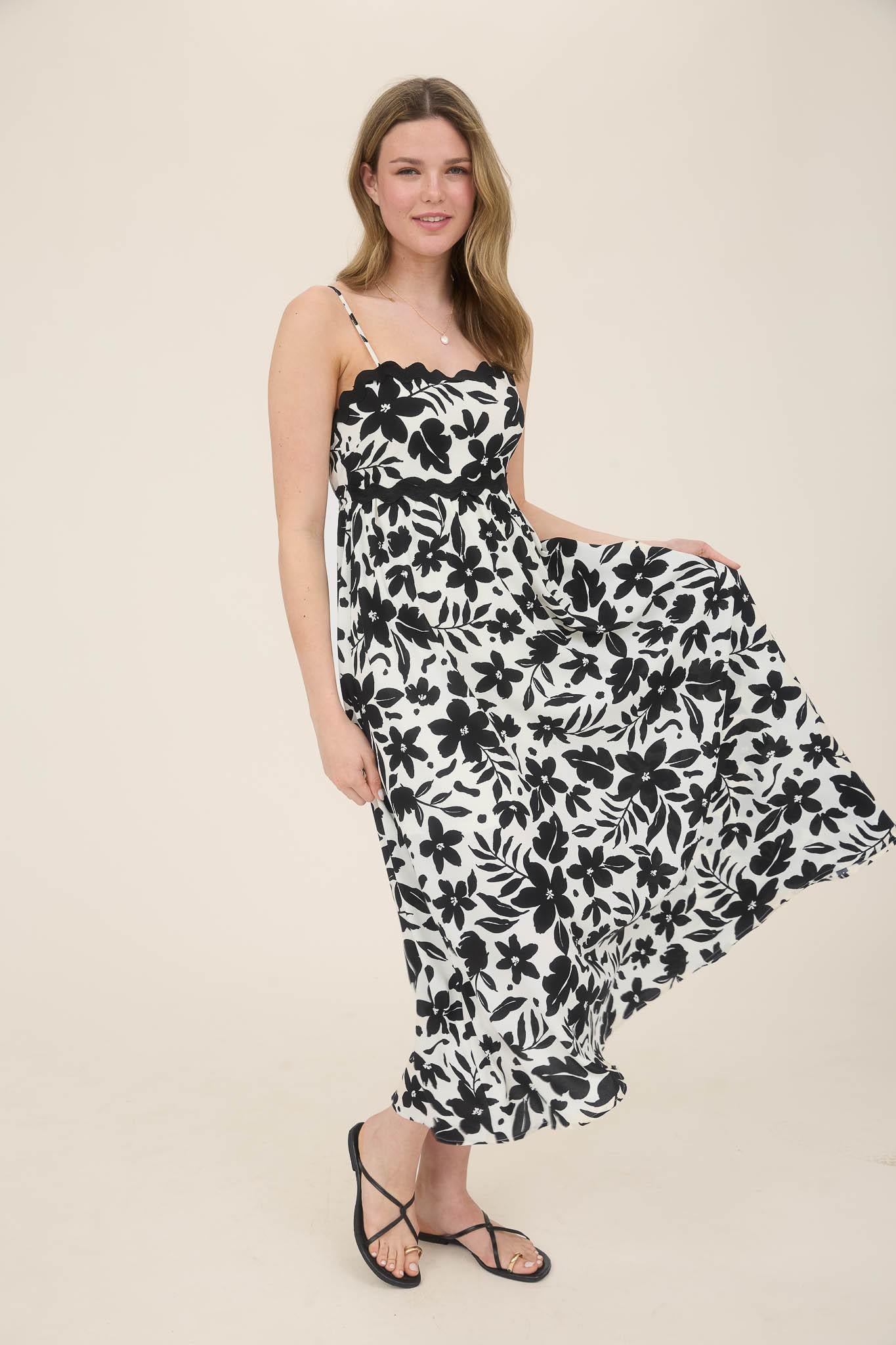 Black Floral Wavy Trim Tie Midi Dress