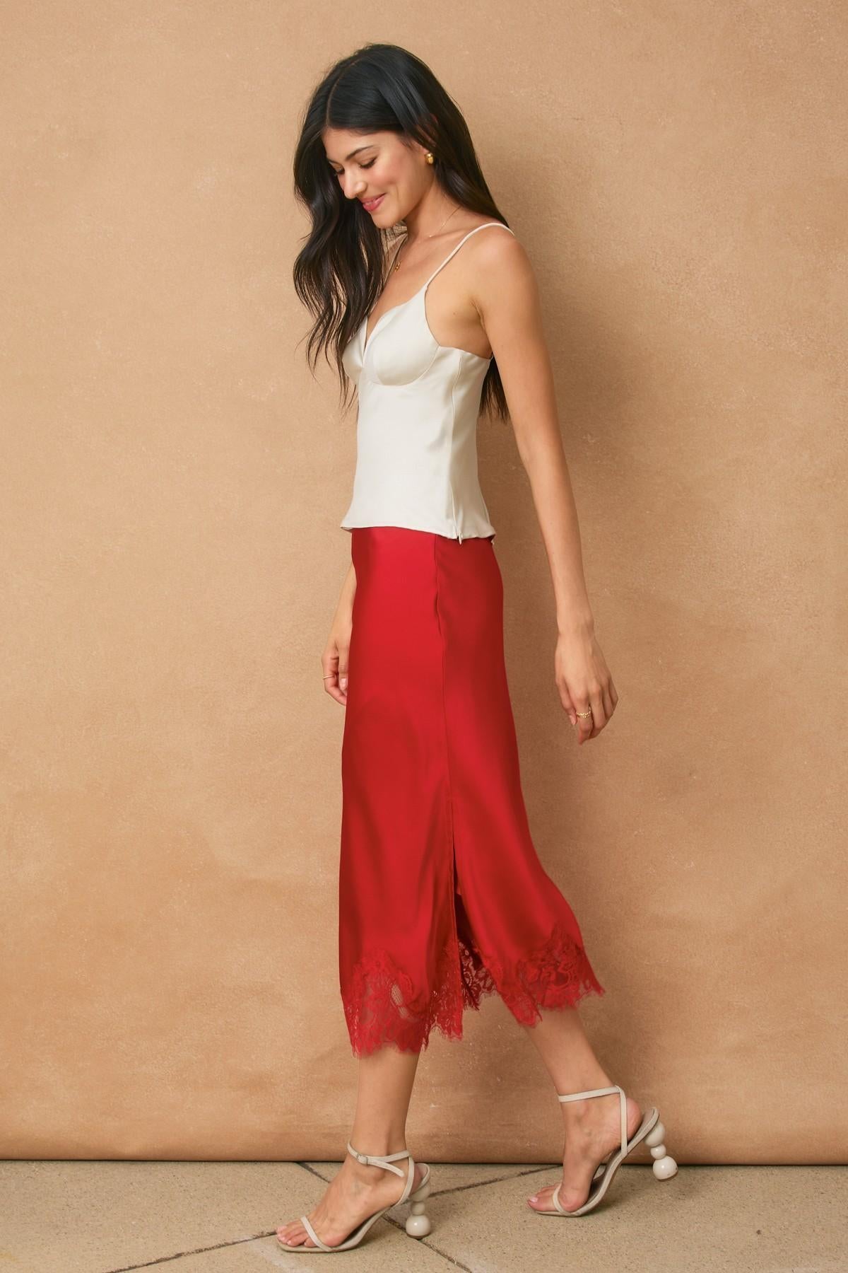 Red Rouge Satin Lace Hem Pencil Skirt