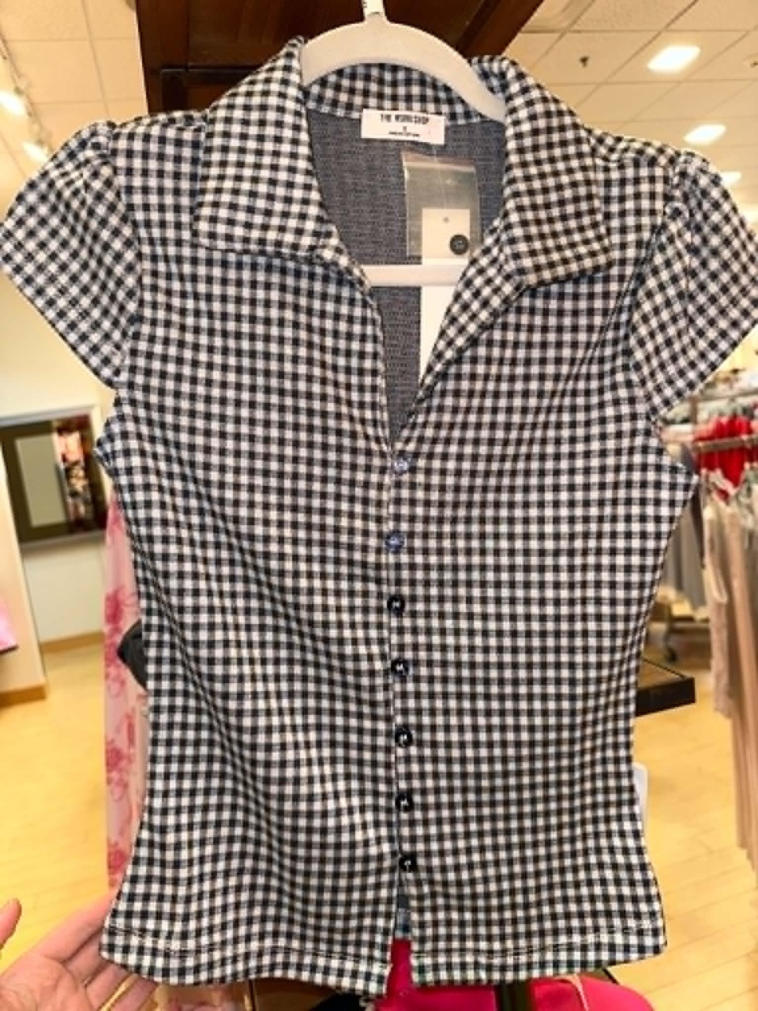Navy Gingham Collared Short Sleeve Button Down Top