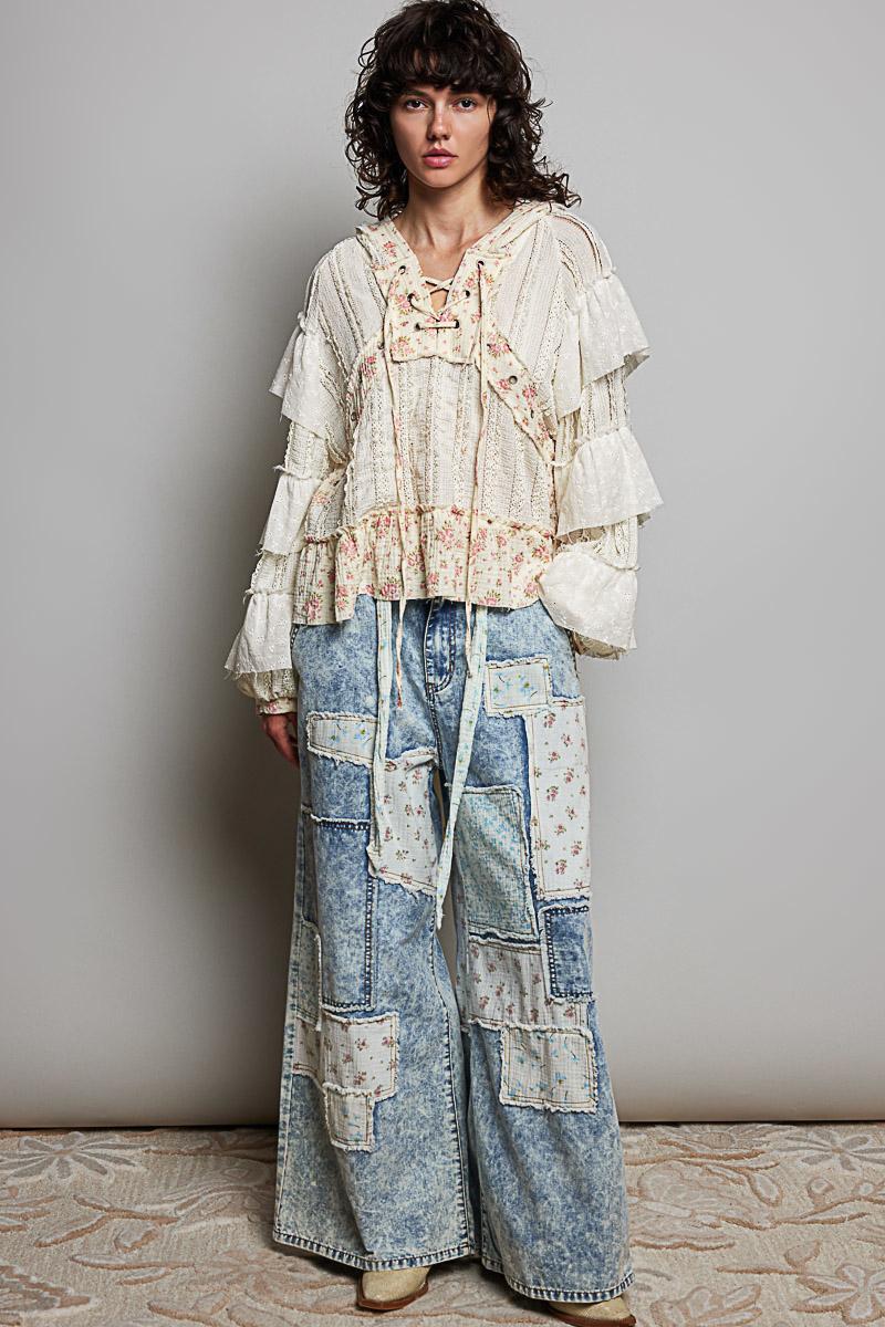 Eyelet Ruffle Natural Hoodie Top