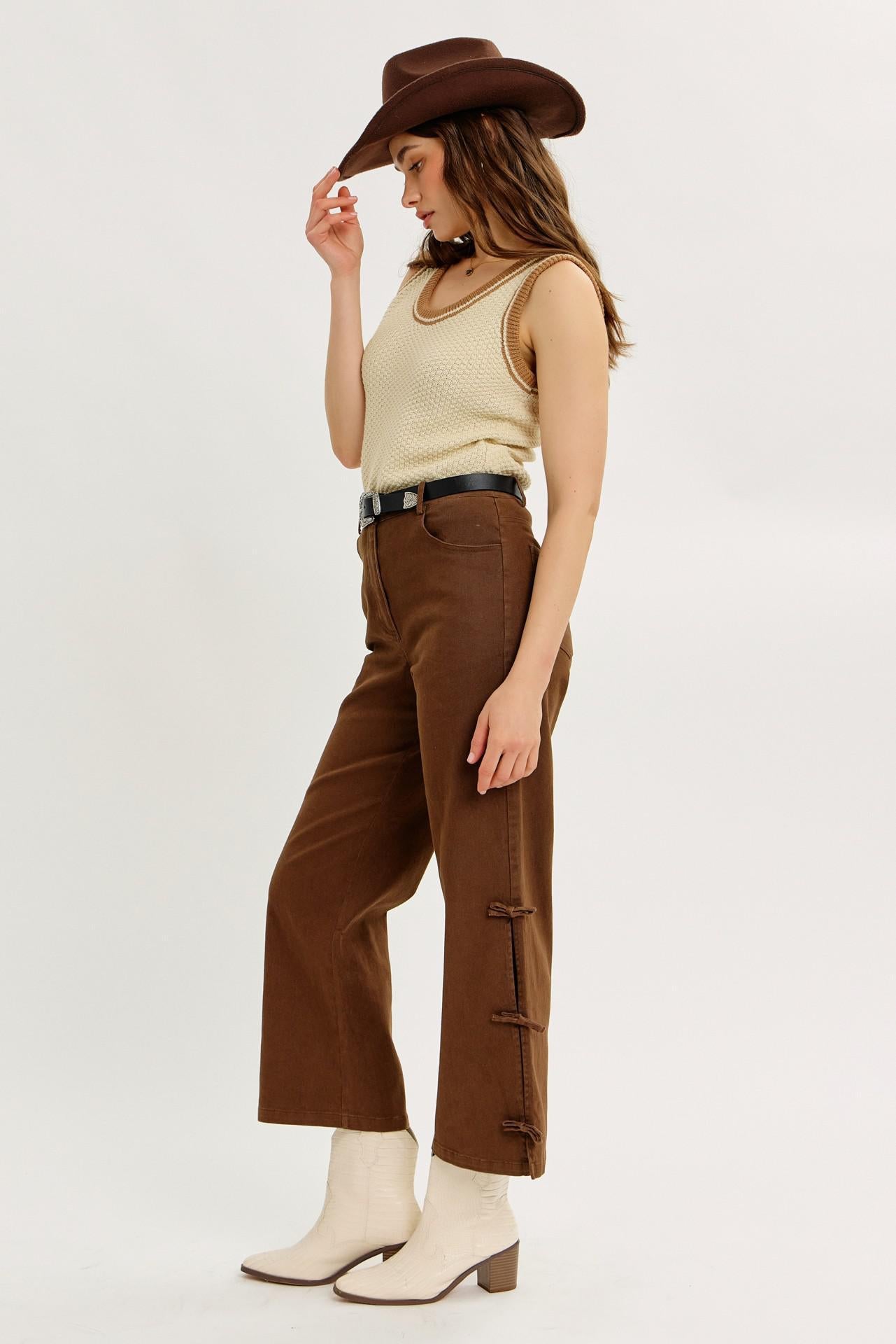 Garment Washed Side Bow Detail Western Pants