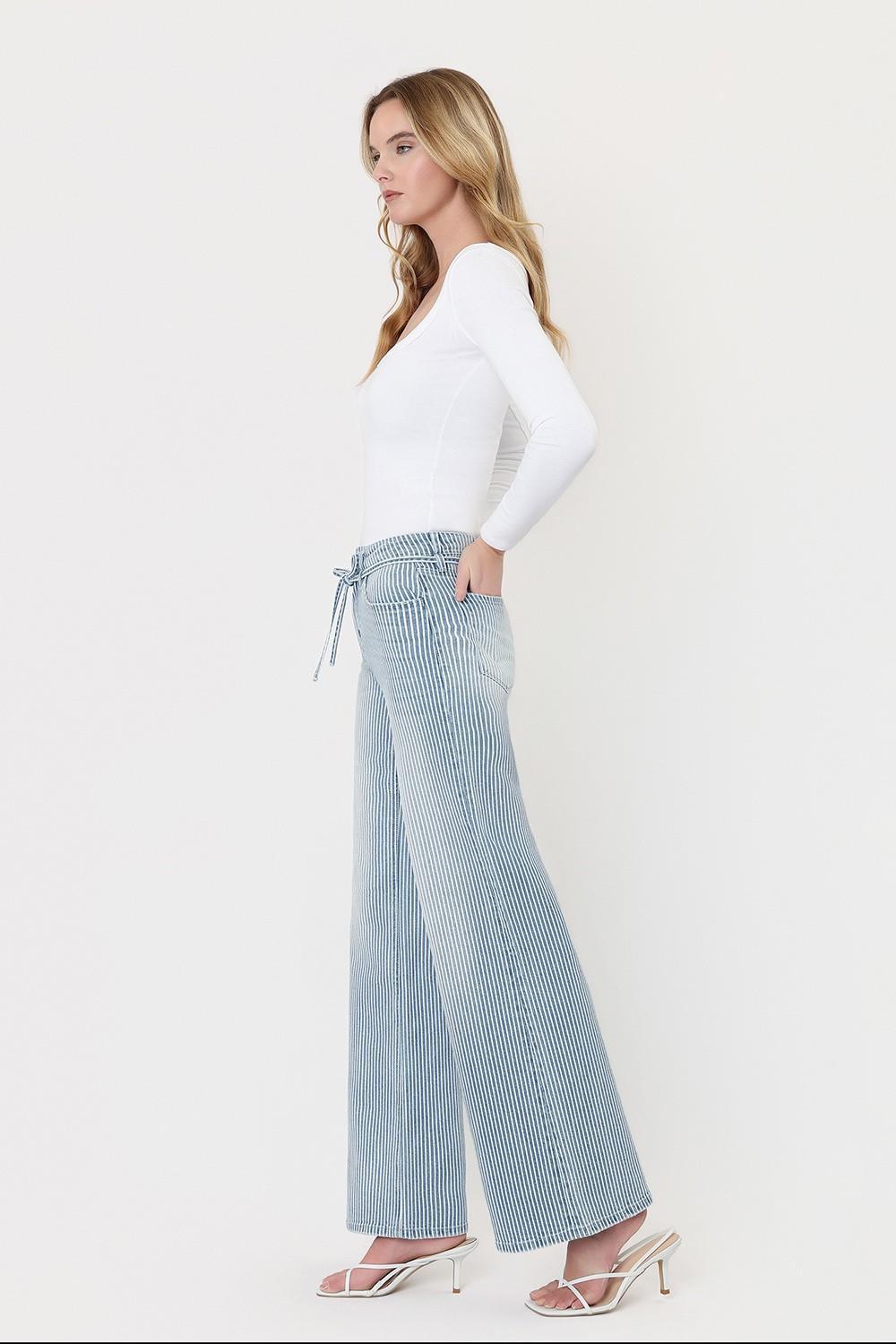 High Rise Waist Tie Striped Wide Leg Jeans