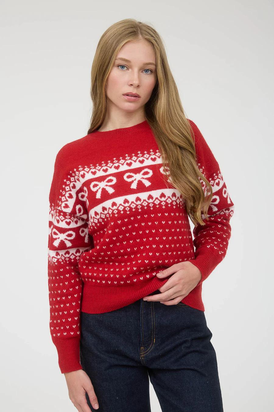 Bow & Heart Red Jacquard Knit Sweater