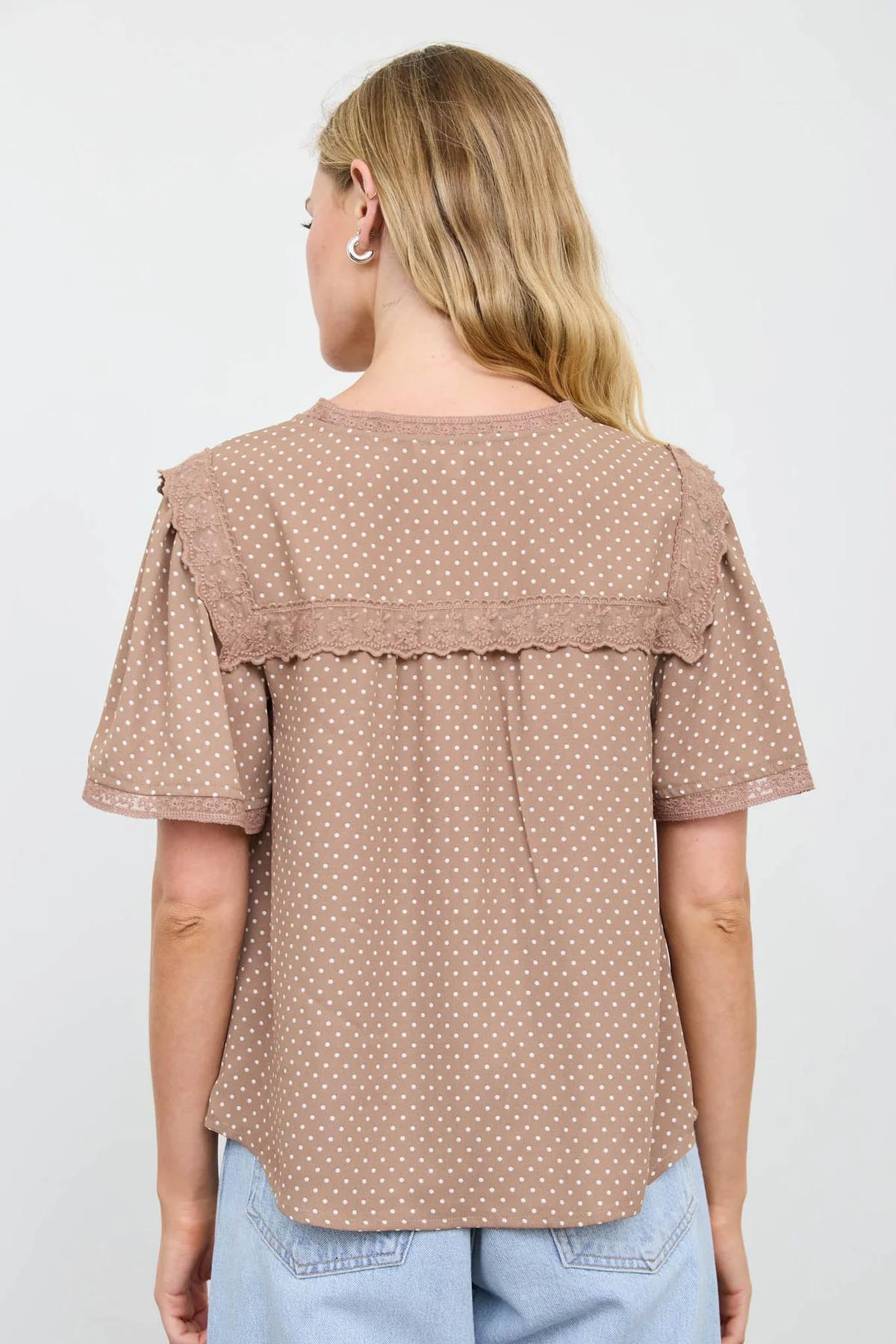 LIGHT BROWN POLKA DOT LACE SQUARE COLLAR SHORT SLEEVE BLOUSE