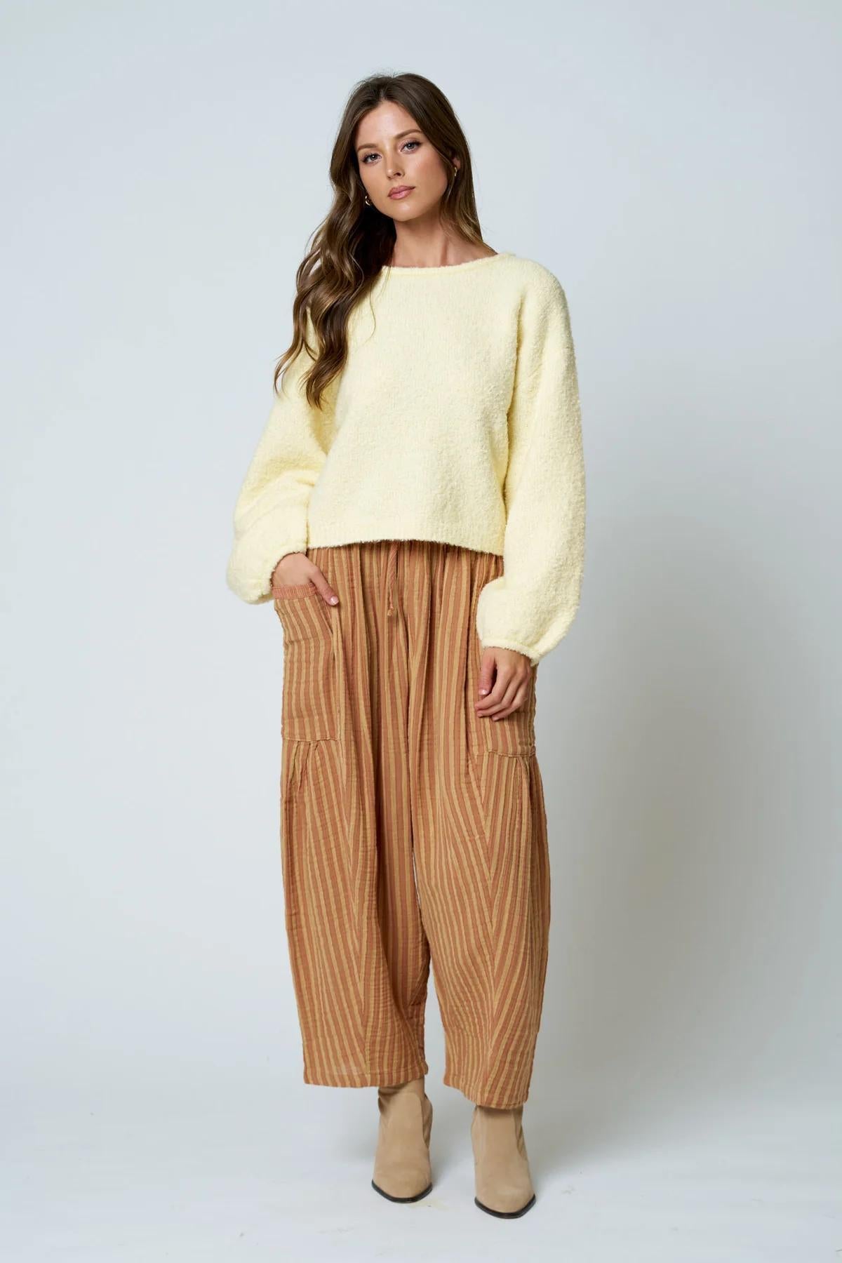 YELLOW LONG SLEEVE FUZZY KNIT PULLOVER SWEATER