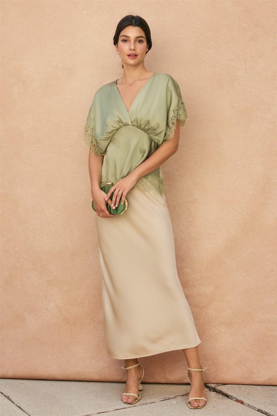 Dull Satin Lace Blouson Top - Sage