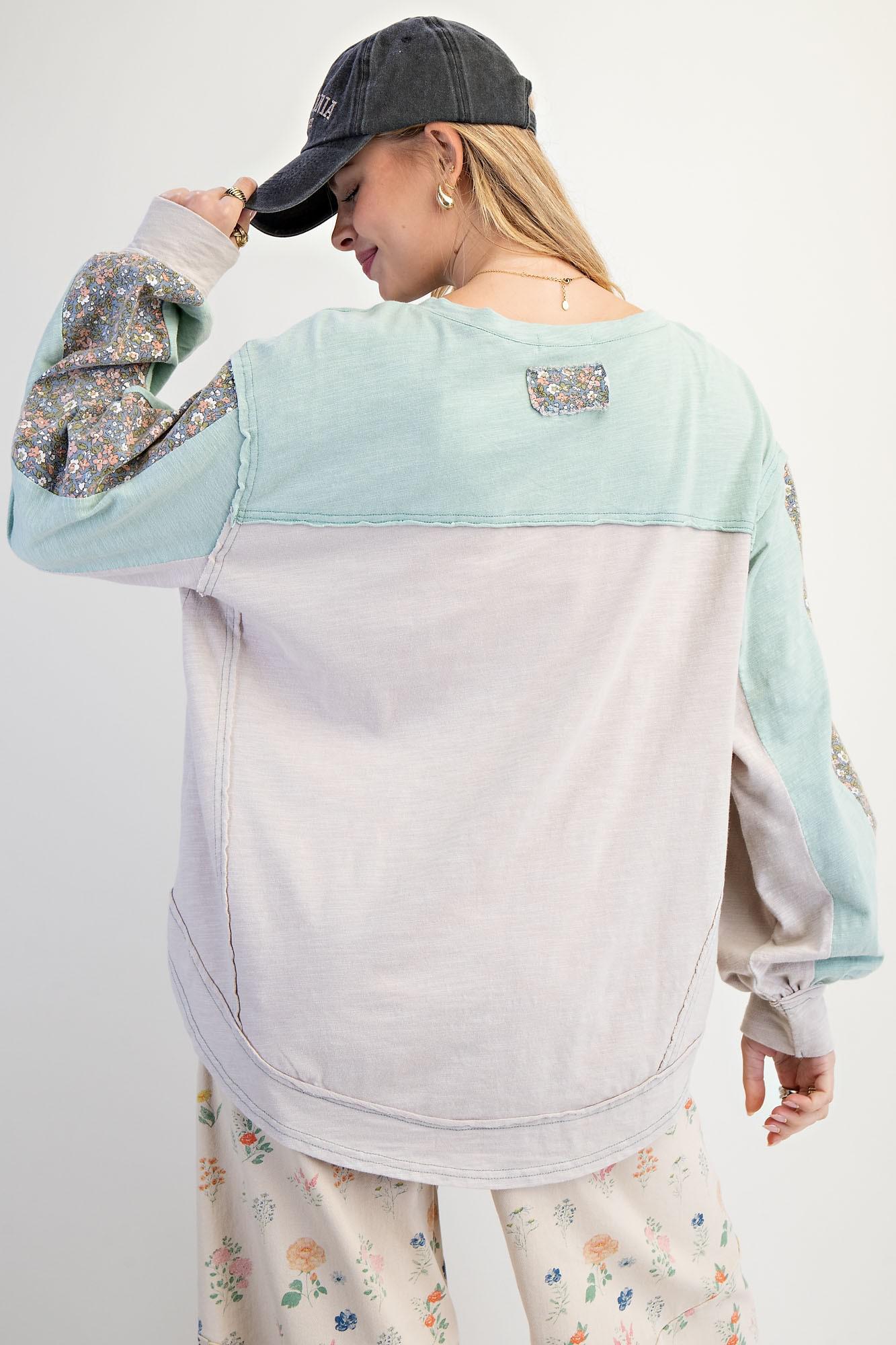 Mint Grey Color Block Washed Henley Top