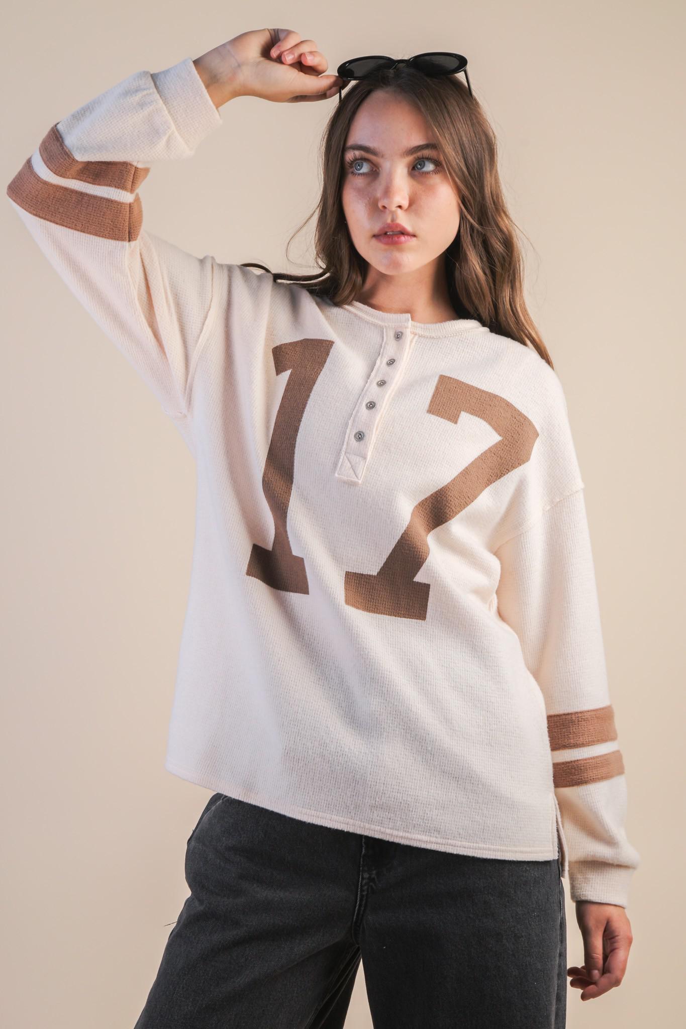 Cream Oversized 17 Print Graphic Knit Top