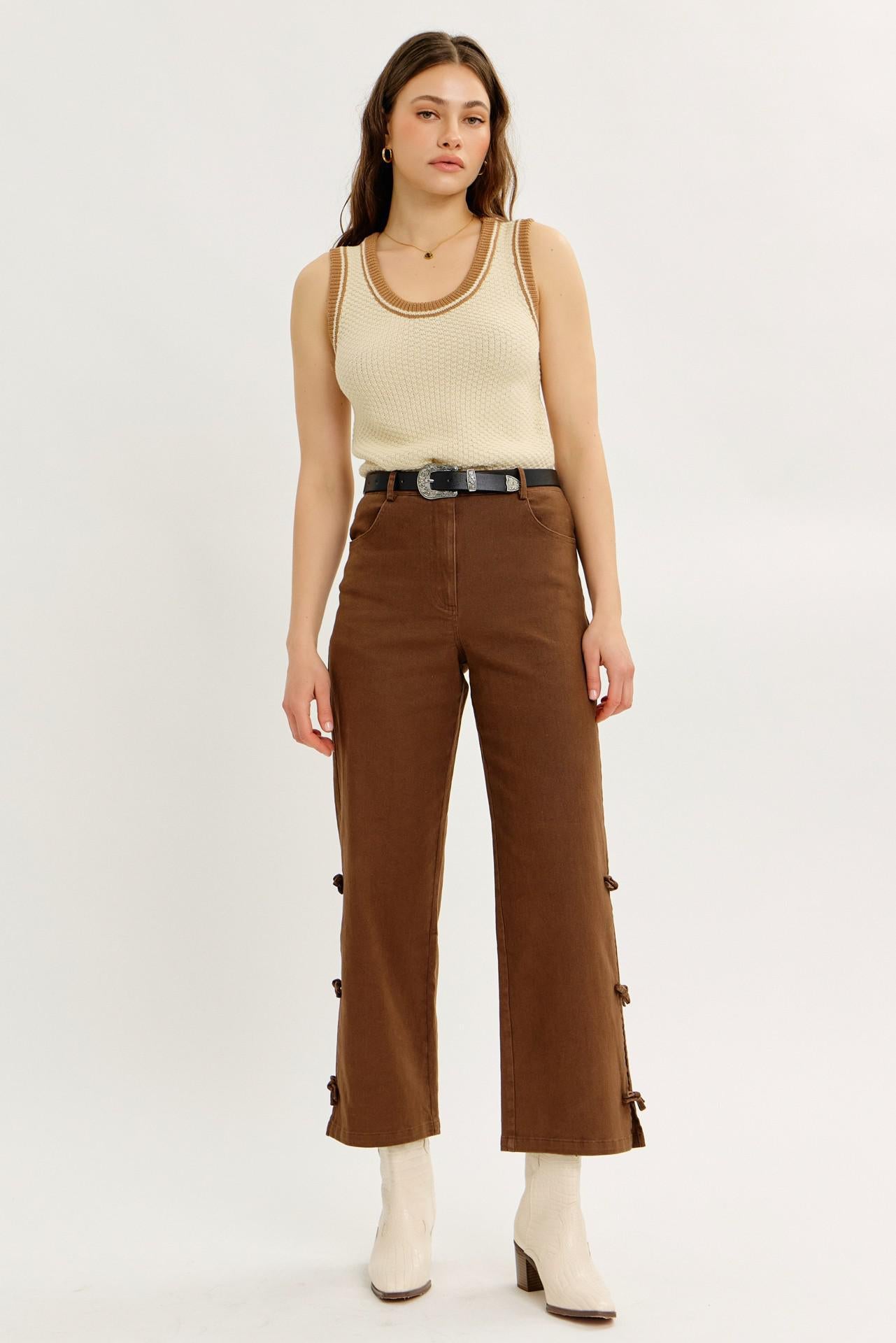 Garment Washed Side Bow Detail Western Pants