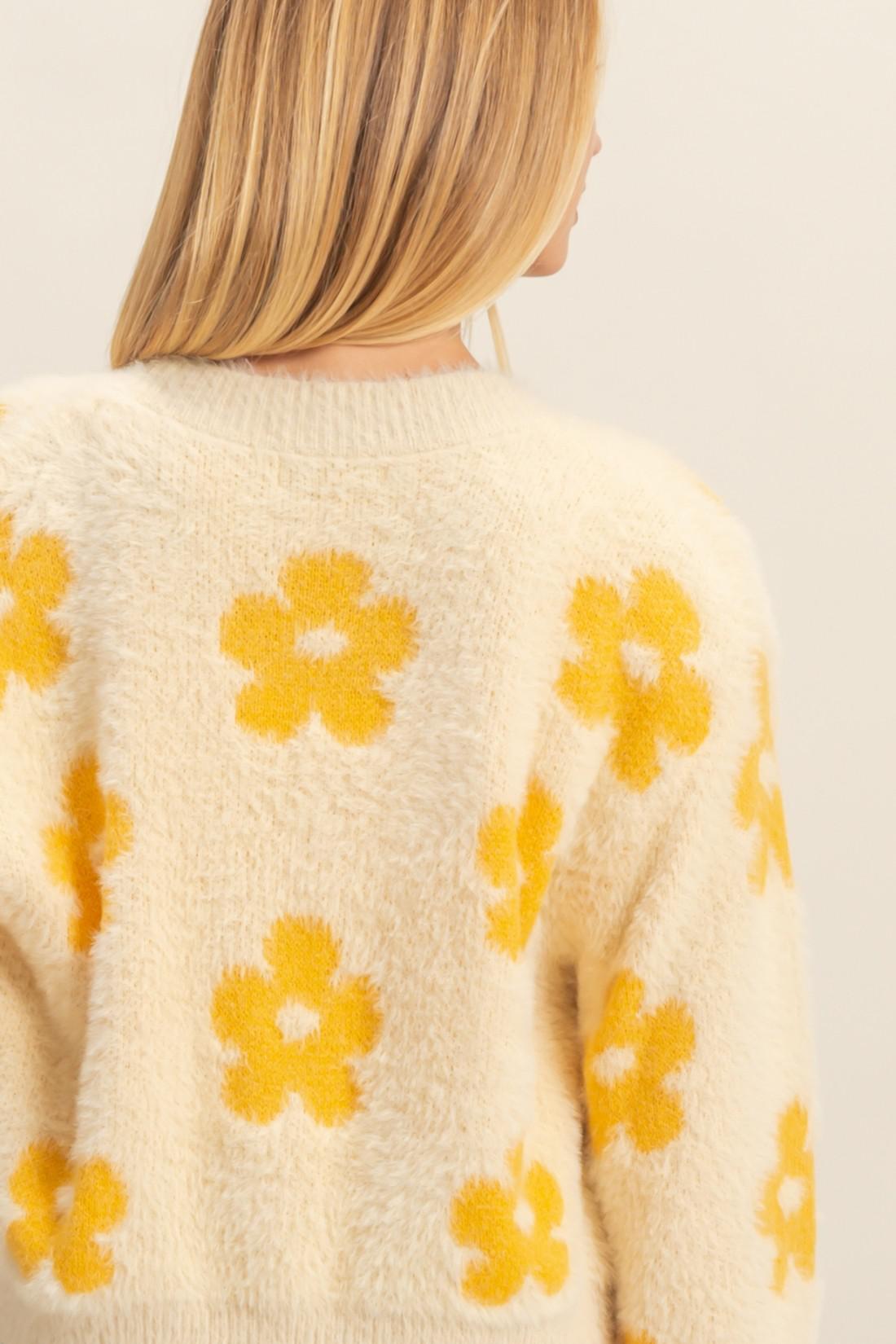 Yellow Floral Pattern Fuzzy Sweater Cardigan