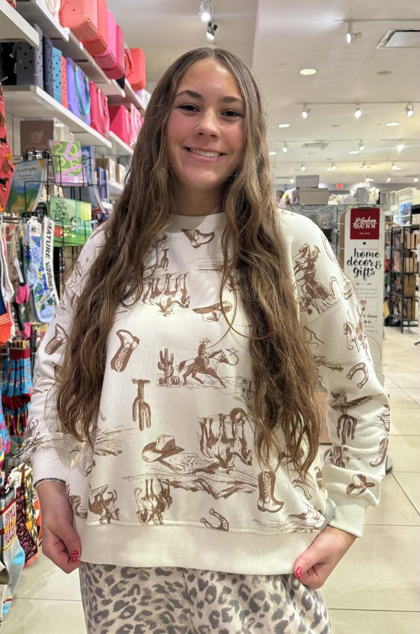 Western Print Crew Neck Long Sleeve Knit Top