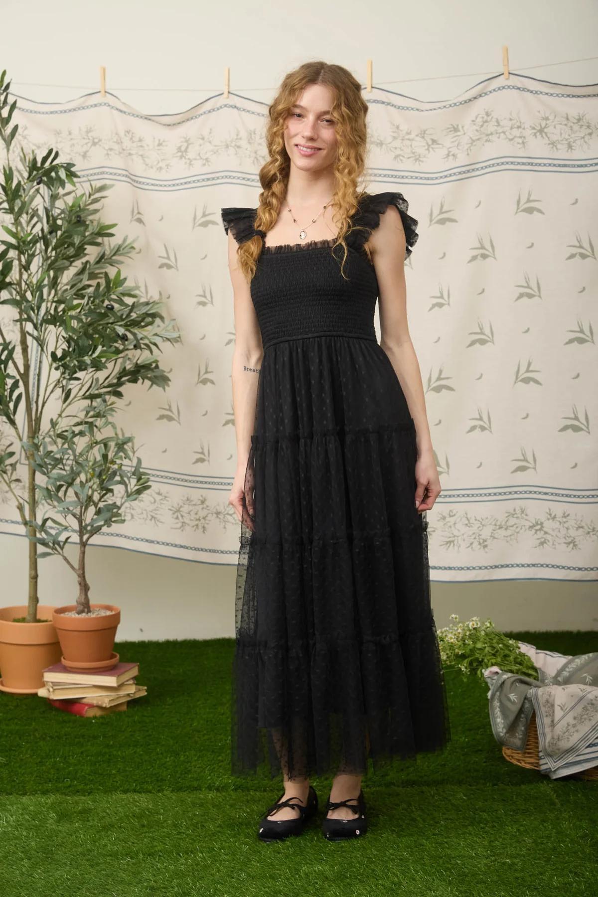 BLACK POLKA DOT CHIFFON SMOCKED TIERED MIDI DRESS