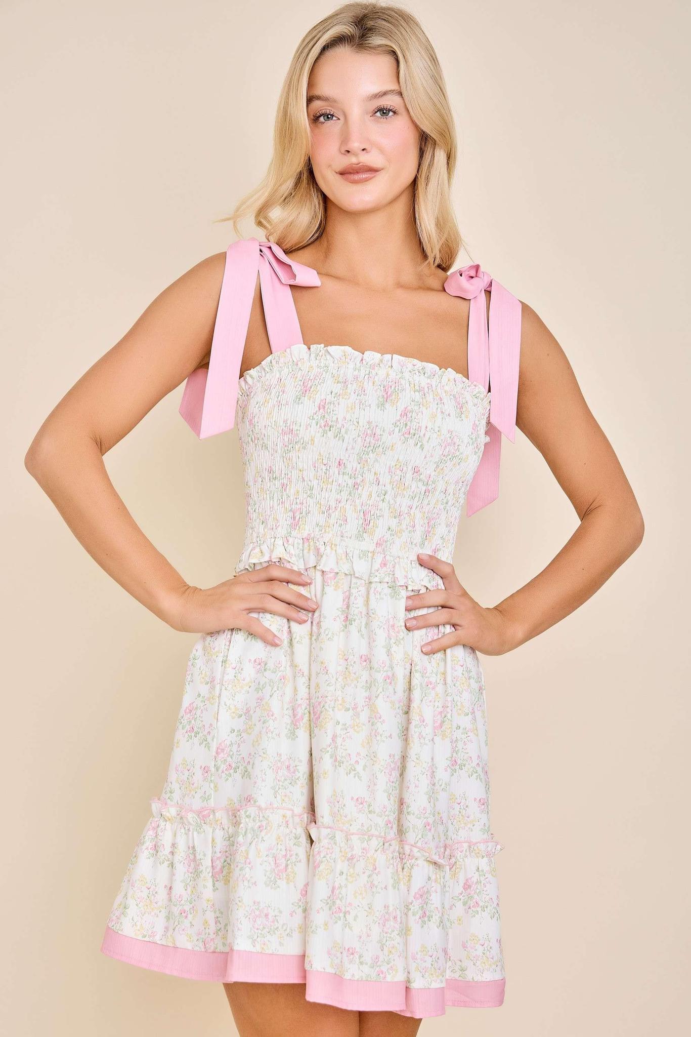 Floral Pink Ribbon Strap Sundress