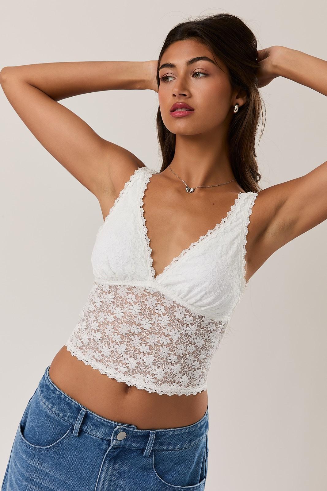 Lace Tank Top With Trim Detail - White