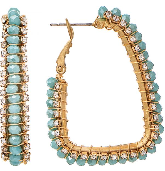 Gold Mint Green Jeweled Edge Square Hoop Earring