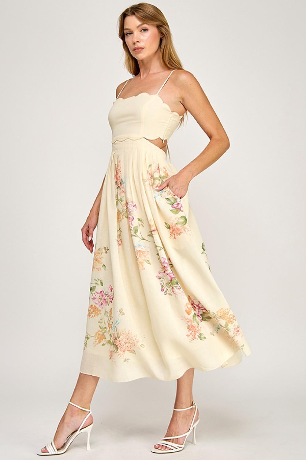 Cream Floral Scallop Dress