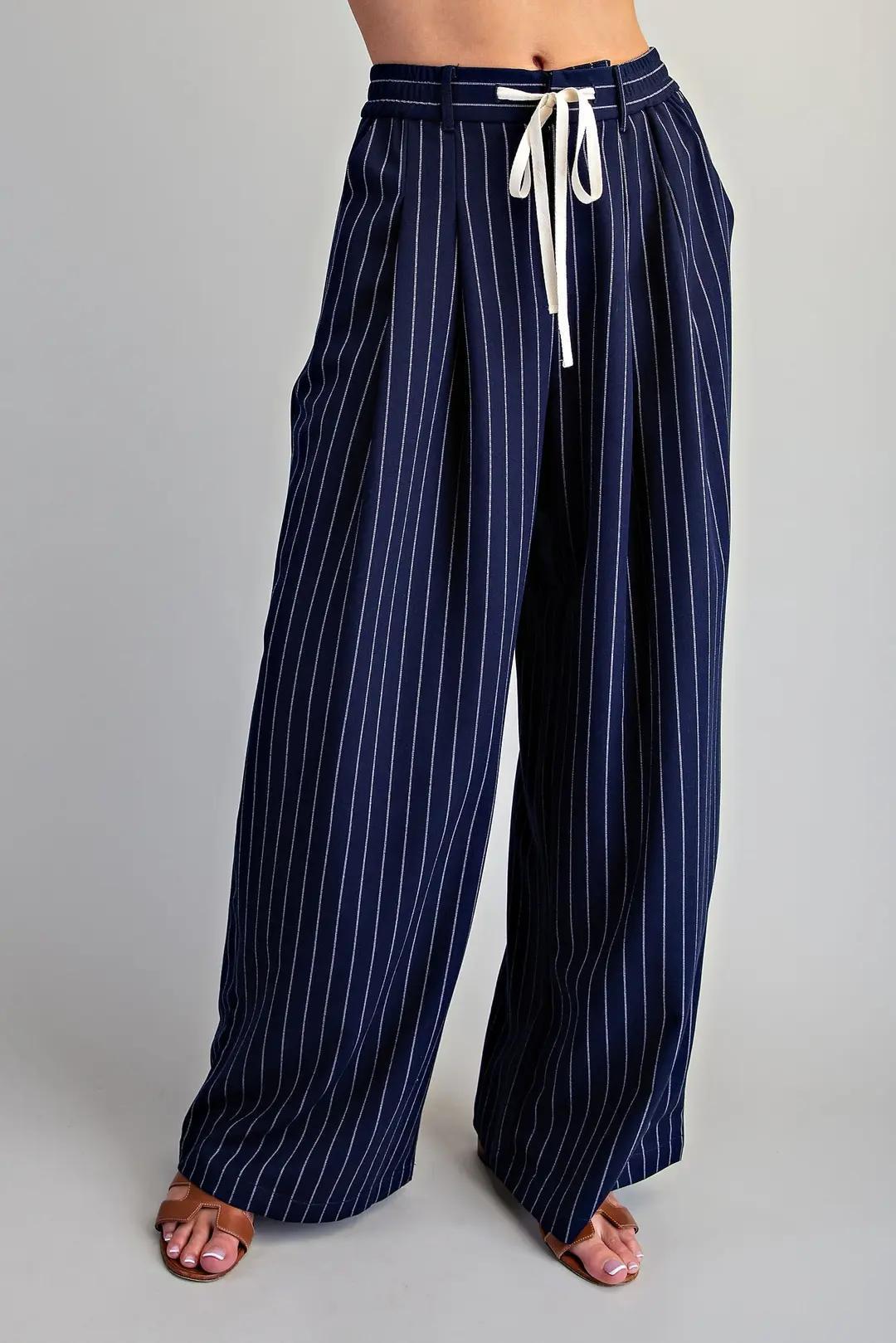 Navy Pinstriped Front Tie Pants