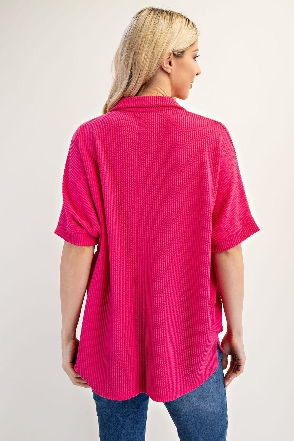 Fuchsia Rib Knit Collared Top