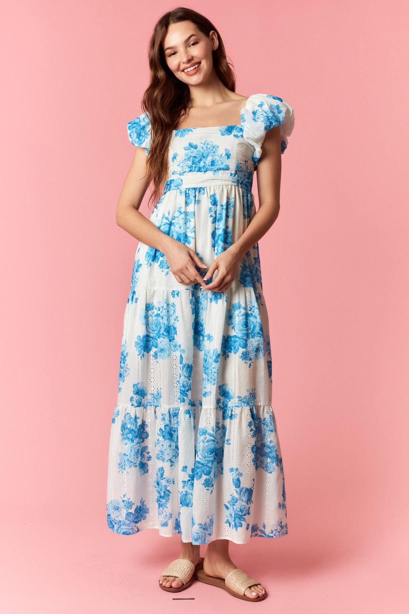 Blue Floral Print Cap Puff Sleeve Smocked Maxi Dress