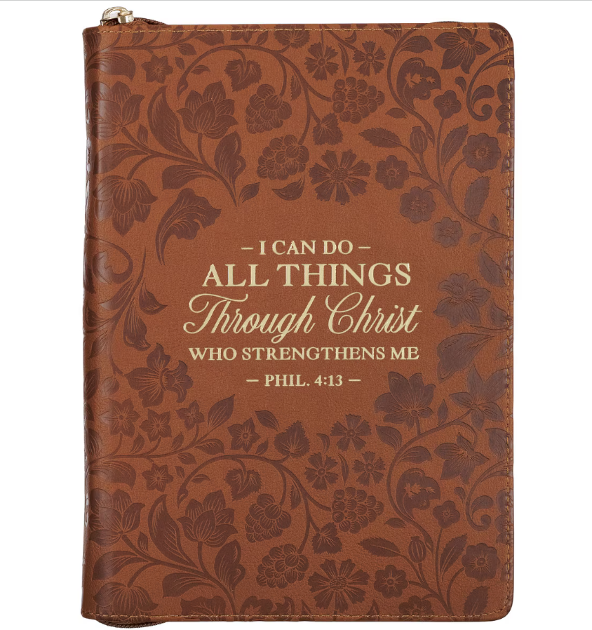 I Can Do All Things Through Christ Honey-brown Faux Leather Classic Journal with Zipper Closure - Philippians 4:13