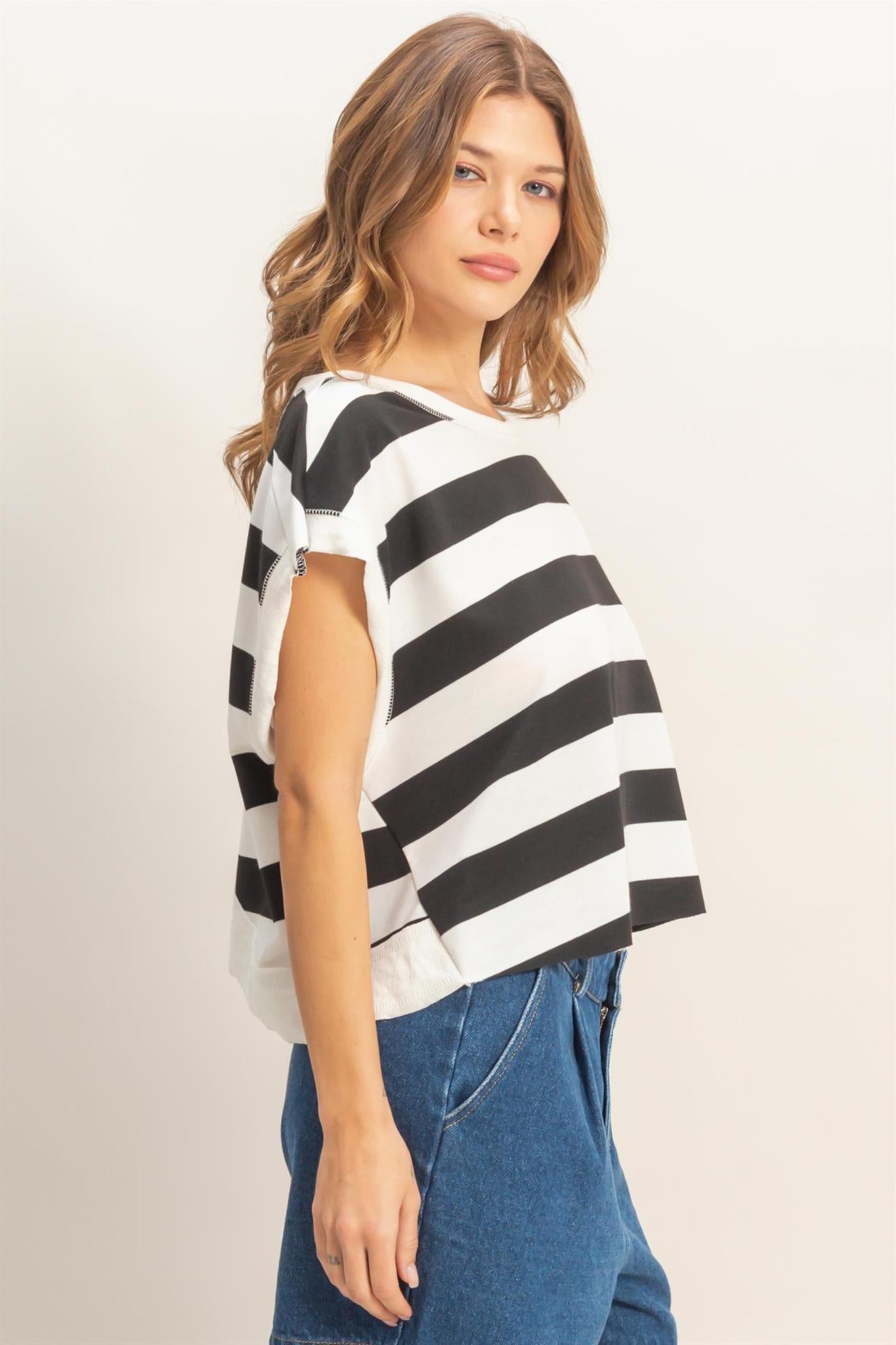 Striped Boxy Crew Neck Top - Black