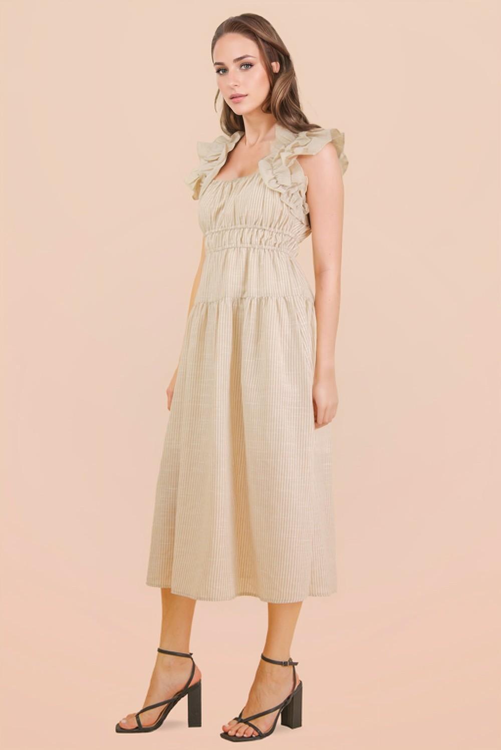Taupe Shoulder Ruffle Detail Stripe Midi Dress