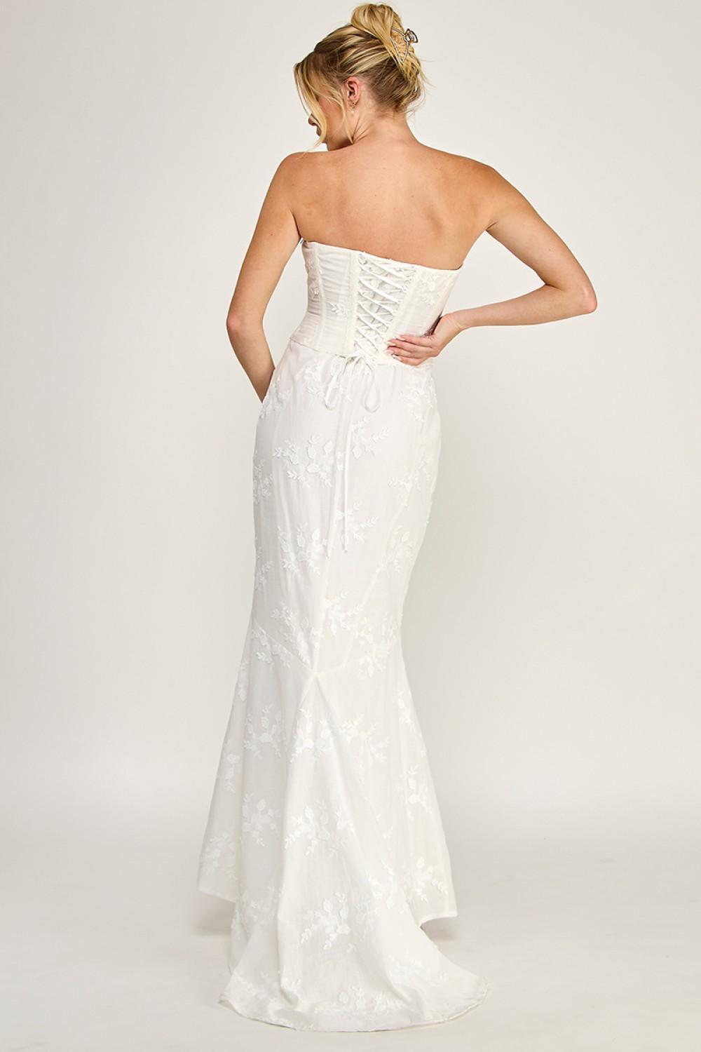 IVORY EYELET STRAPLESS CORSET LACE- UP MAXI DRESS